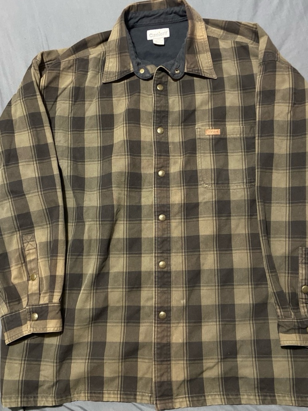 Carhartt Men's Olive and Brown Plaid Button-Front Work Shirt